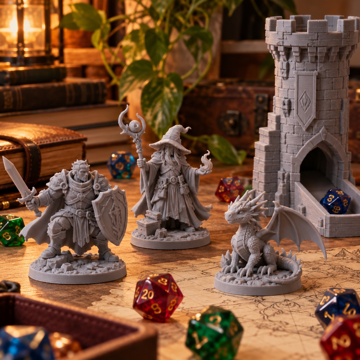 Miniaturas de RPG e torre de dados impressas em 3D