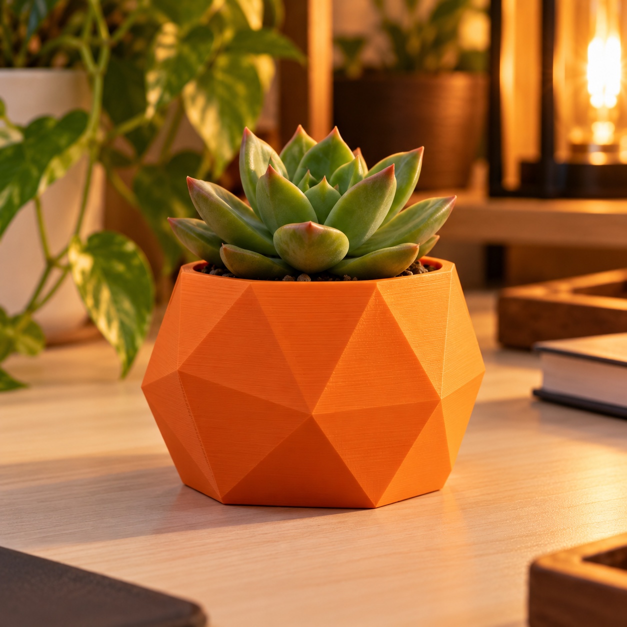 Vaso geométrico laranja impresso em 3D